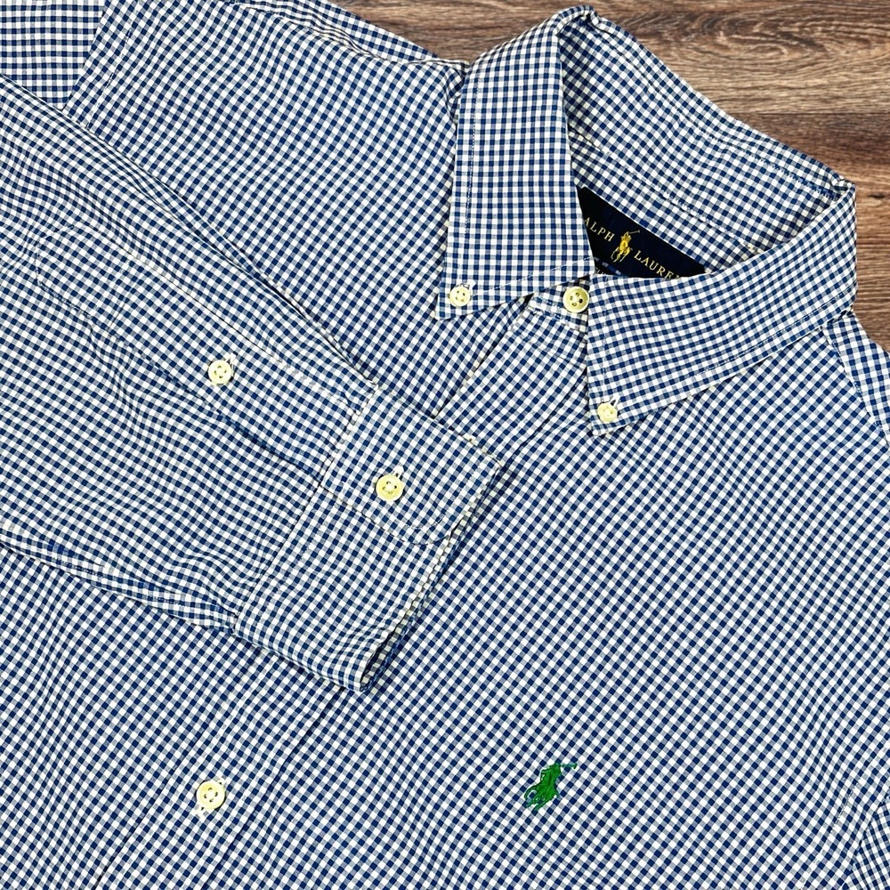 Ralph Lauren Long Sleeve Button Down Shirt Mens XL Slim Blue Check 100% Cotton